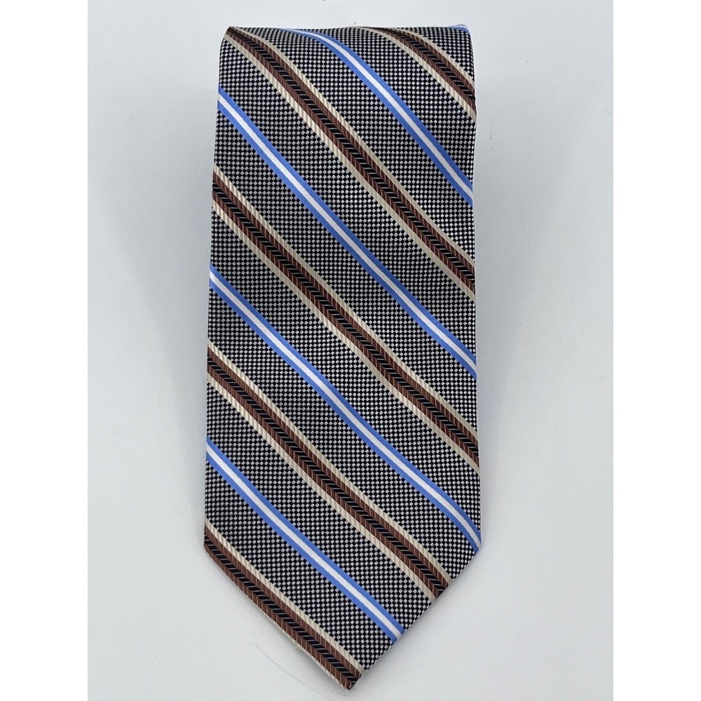 Bruno Piattelli Roma Mens Silk Necktie Blue Brown Striped Hand Made Italy NWT